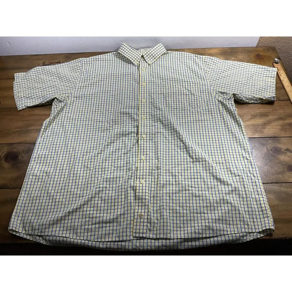 F/X Fusion Mens Size 2XL Yellow Blue Check Short Sleeve Button Front Shirt - Picture 1 of 8
